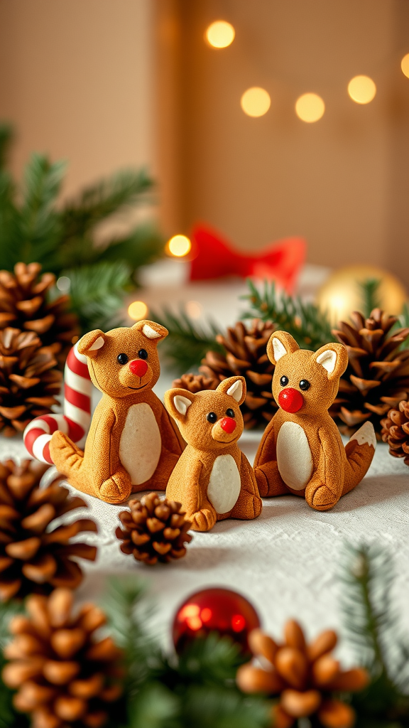 Gingerbread animal figurines displayed with pine cones and holiday decorations
