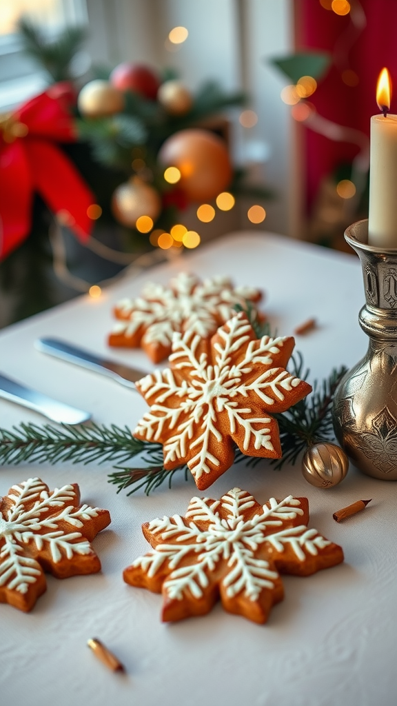 Beautifully decorated gingerbread snowflake cookies on a festive table setting.