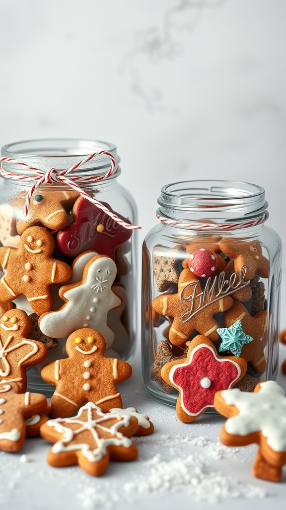 Two glass jars filled with gingerbread cookies, one with gingerbread men and the other with various decorated cookies.