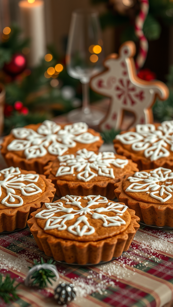 A collection of gingerbread pies with intricate icing designs on top, set on a festive table with holiday decorations.