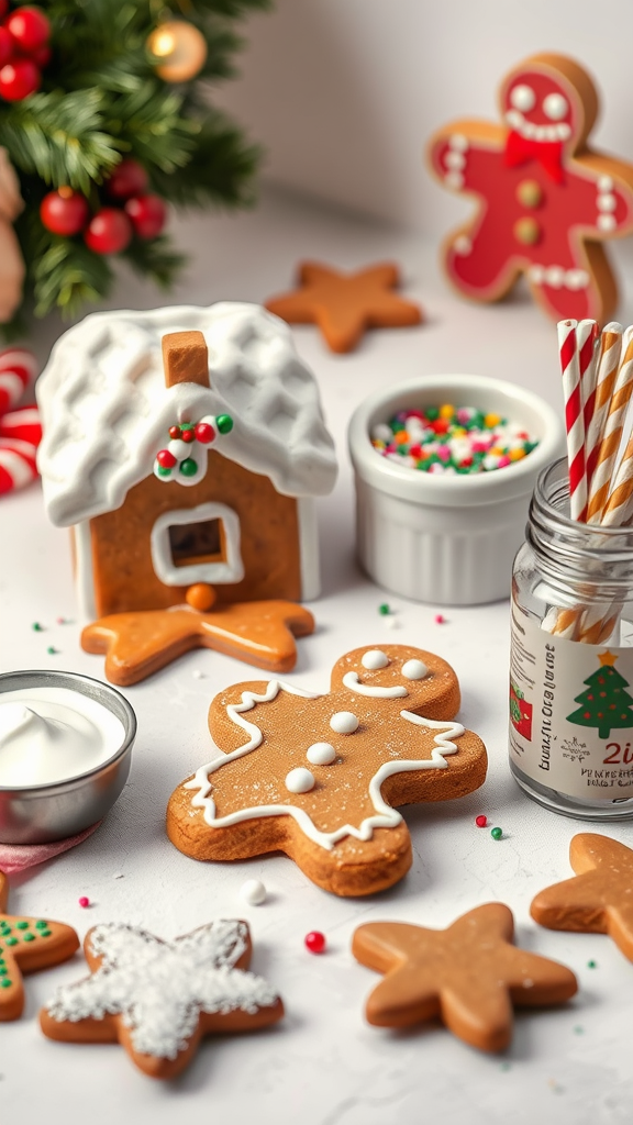 A festive gingerbread cookie decorating station with cookies, icing, and sprinkles.