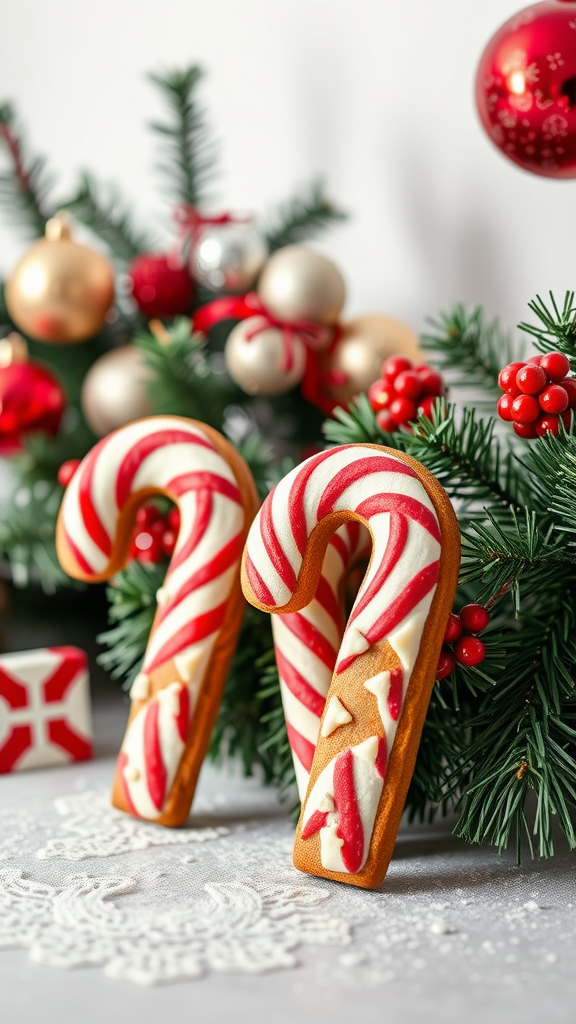 Decorative gingerbread candy canes with red and white icing, surrounded by festive greenery and ornaments.