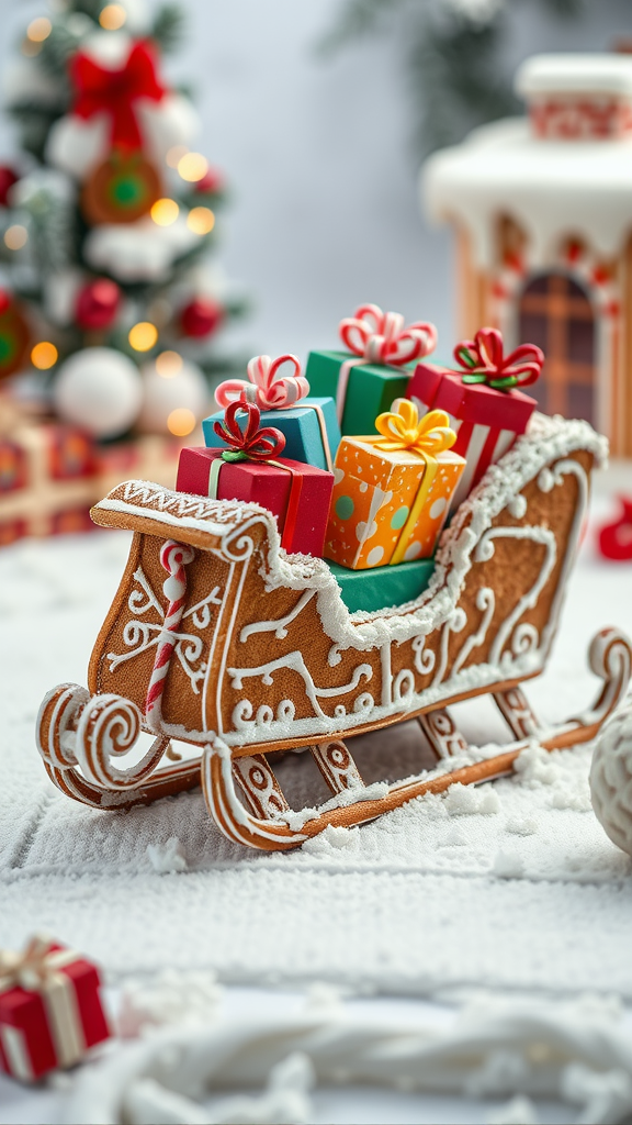 A decorative gingerbread sled filled with colorful gift boxes.