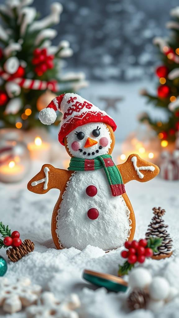 A decorated gingerbread snowman with a festive hat and scarf, surrounded by holiday decorations.
