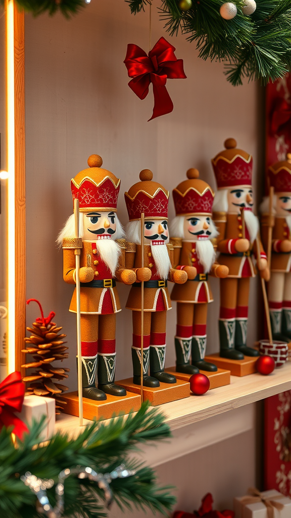 A display of gingerbread nutcracker figures decorated in bright colors for Christmas.