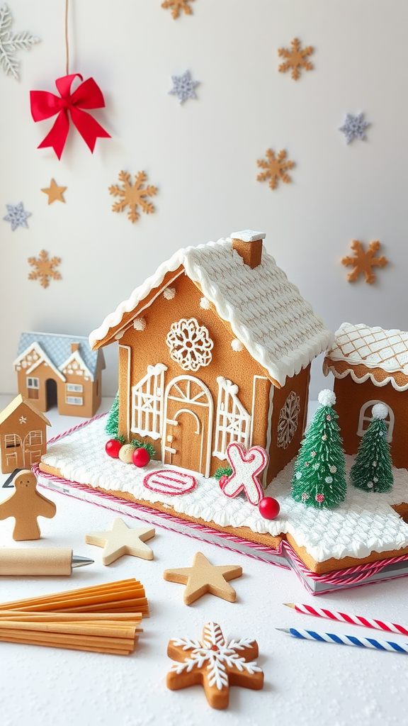 A beautifully decorated gingerbread house surrounded by festive decorations and supplies.