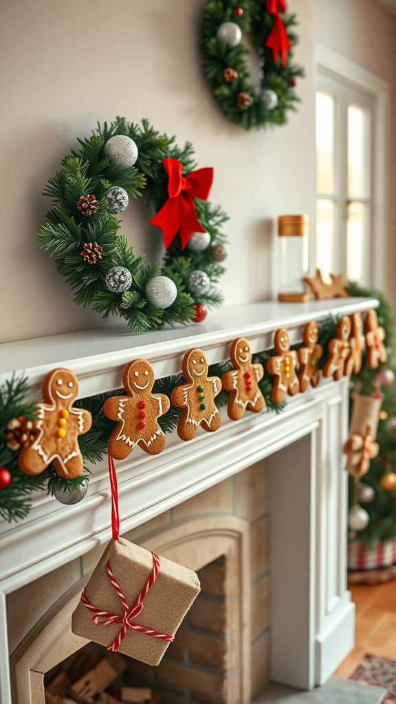 A festive gingerbread cookie garland hanging over a mantel, decorated with wreaths and Christmas ornaments.