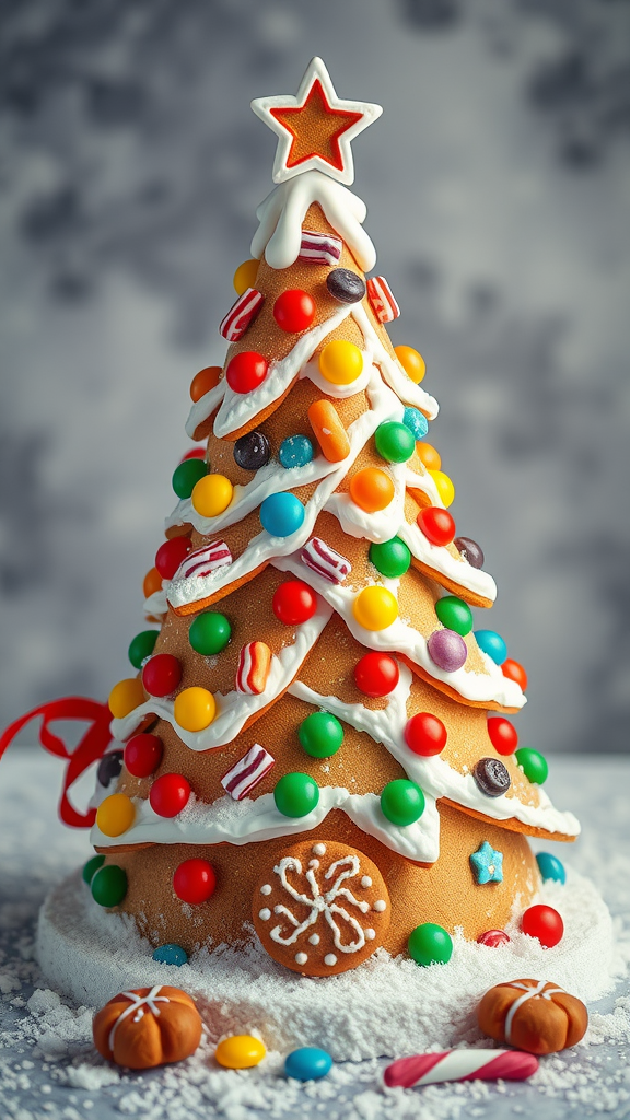 A colorful gingerbread tree decorated with candies and icing.
