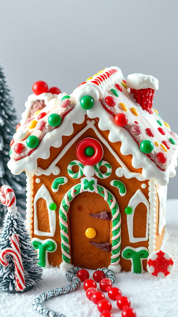 Classic gingerbread house decorated with colorful icing and candies
