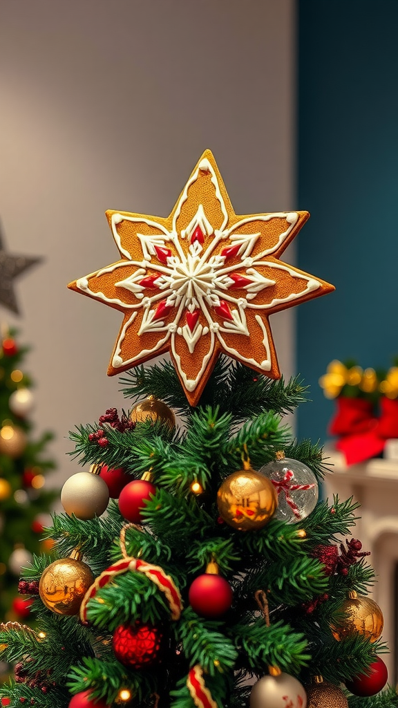 Gingerbread star tree topper on a decorated Christmas tree