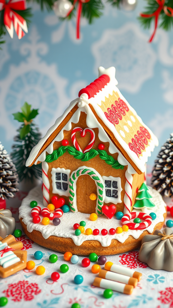 A whimsical gingerbread house decorated with colorful candies and icing.