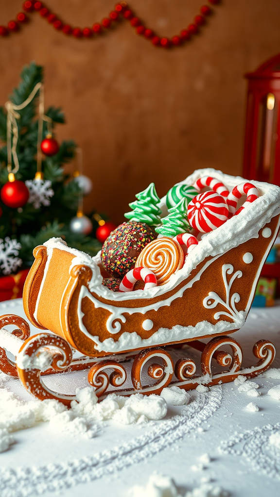 A gingerbread sleigh filled with colorful candies on a snowy surface with Christmas decorations in the background.