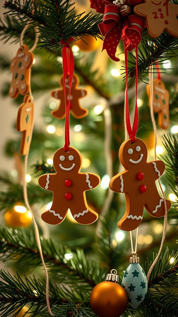 Gingerbread men ornaments hanging on a Christmas tree