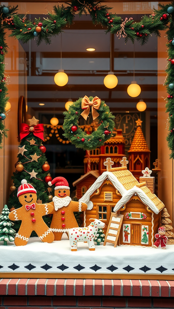 A festive gingerbread window display featuring gingerbread figures, a decorated Christmas tree, and a gingerbread house.