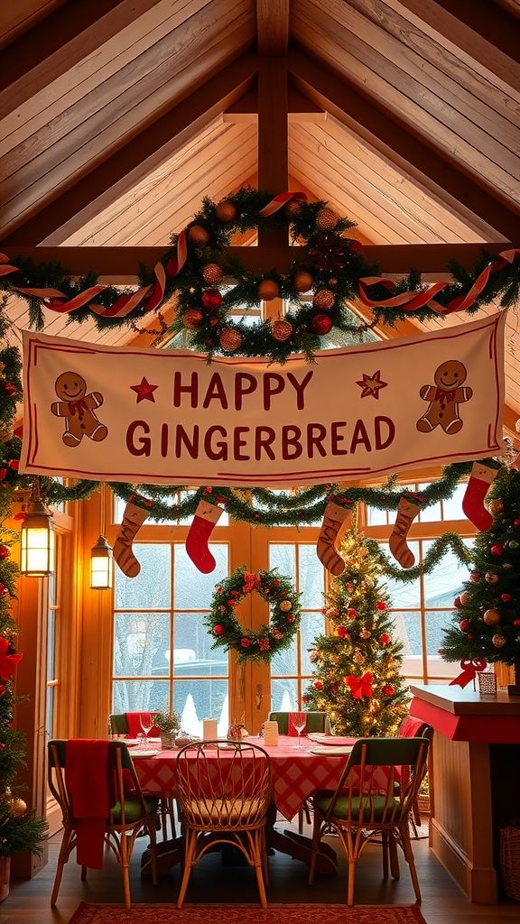 A festive interior decorated for Christmas with a 'Happy Gingerbread' banner.