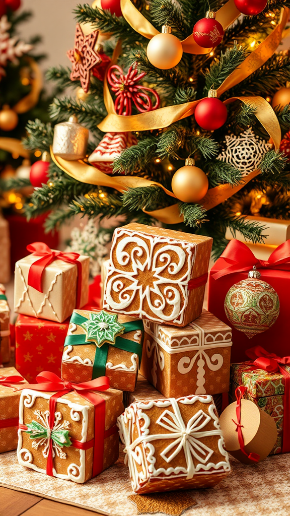 Decorative gingerbread gift boxes with festive icing and ribbons next to a Christmas tree.