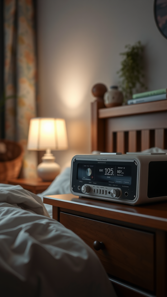 A cozy bedroom scene featuring a music player on a nightstand with warm lighting.