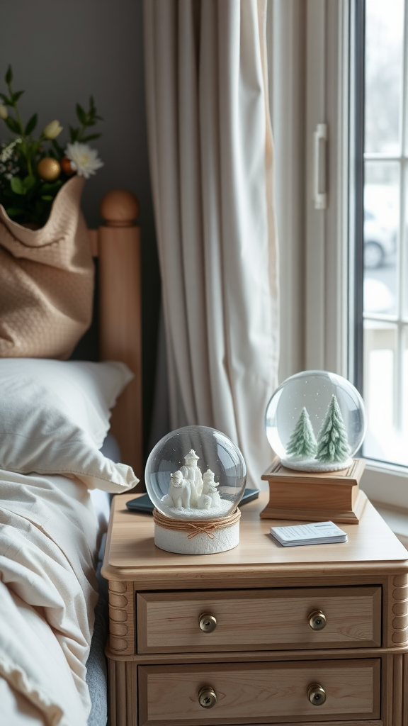 Two decorative snow globes on a nightstand next to a cozy bed.