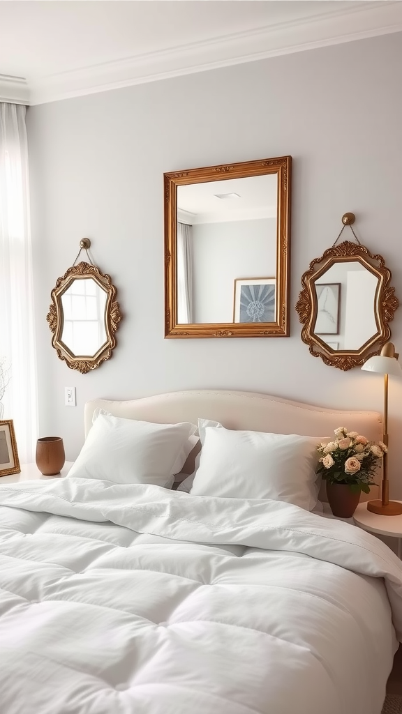 A cozy bedroom featuring decorative mirrors above the bed, adding light and style.