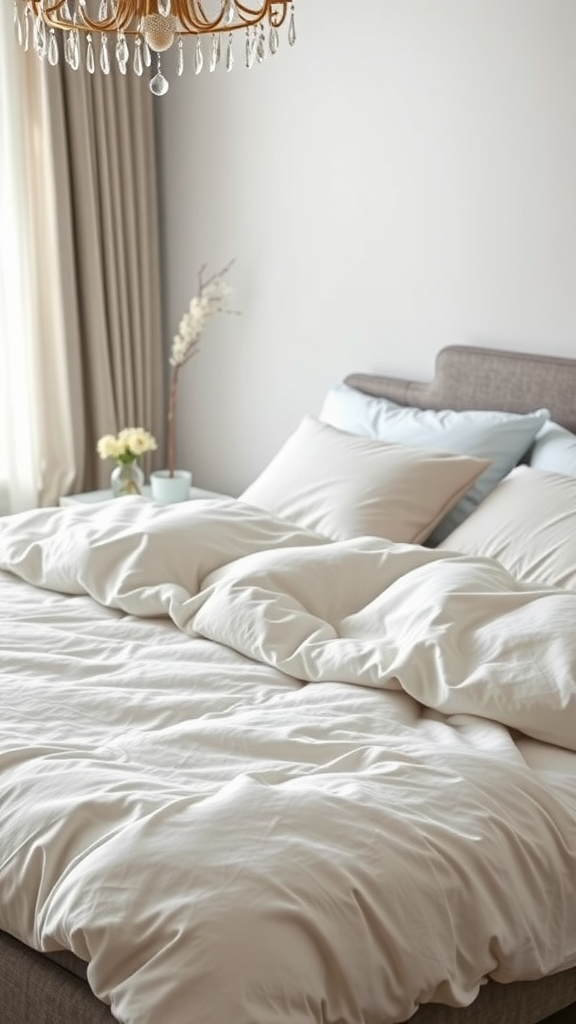 A cozy bed with layered white bedding, plush pillows, and a soft atmosphere.