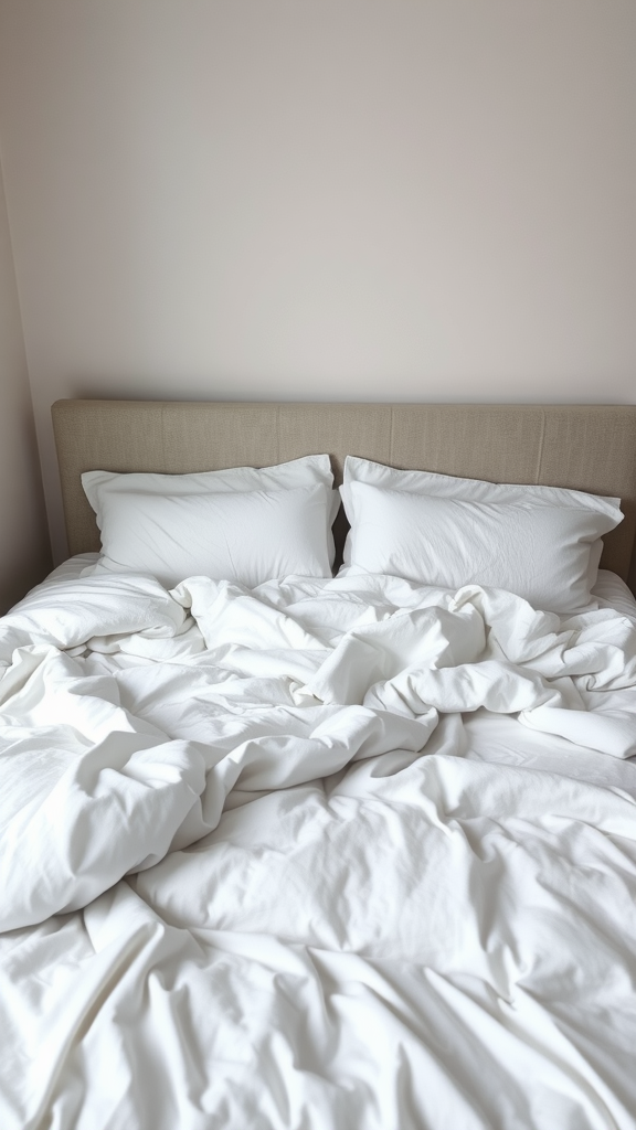 A messy bed with a warm, heavy white duvet and fluffy pillows.
