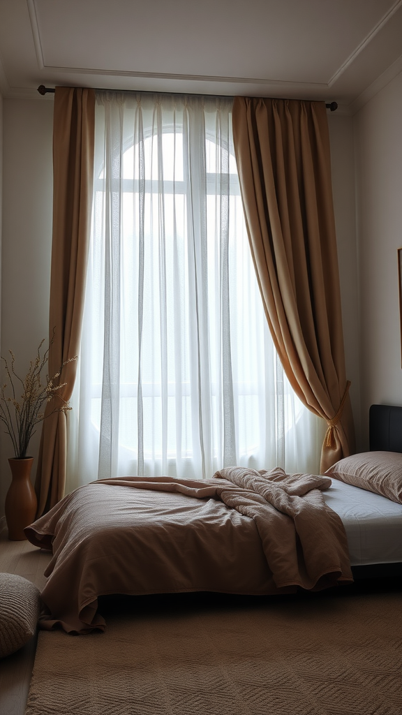 Cozy winter bedroom with layered window treatments and a warm bed