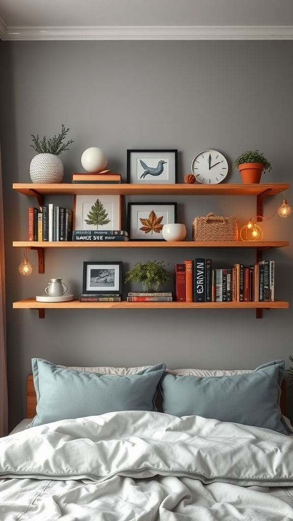 A cozy bedroom featuring stylish wall shelves adorned with books, plants, and decorative items.