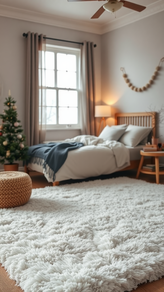 Cozy winter bedroom with a plush area rug, bed, and small Christmas tree.