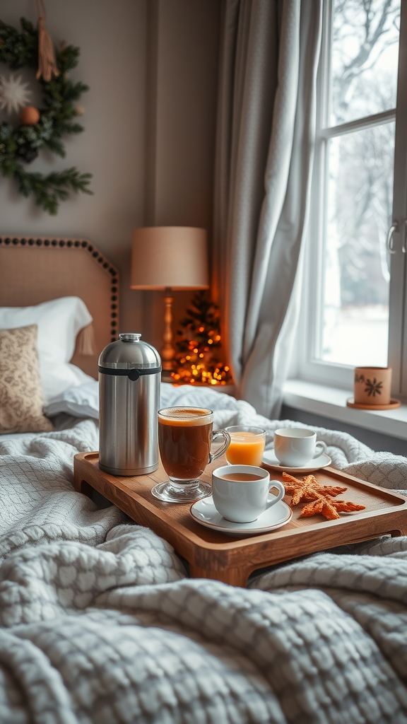A cozy bedroom scene featuring a tray with various hot beverages and snacks, set against a warm and inviting backdrop.
