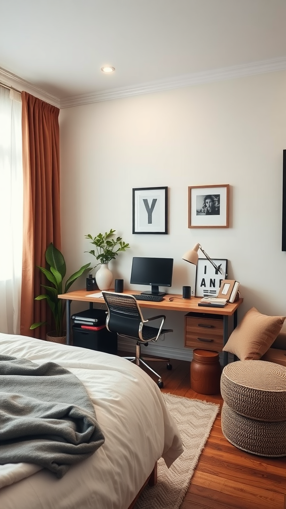 Cozy home office space with a desk, chair, plants, and decor