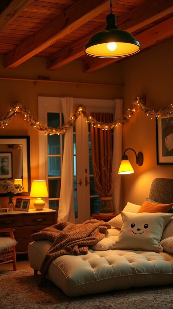 A cozy winter bedroom with warm lighting fixtures, a plush bed, and decorative elements.