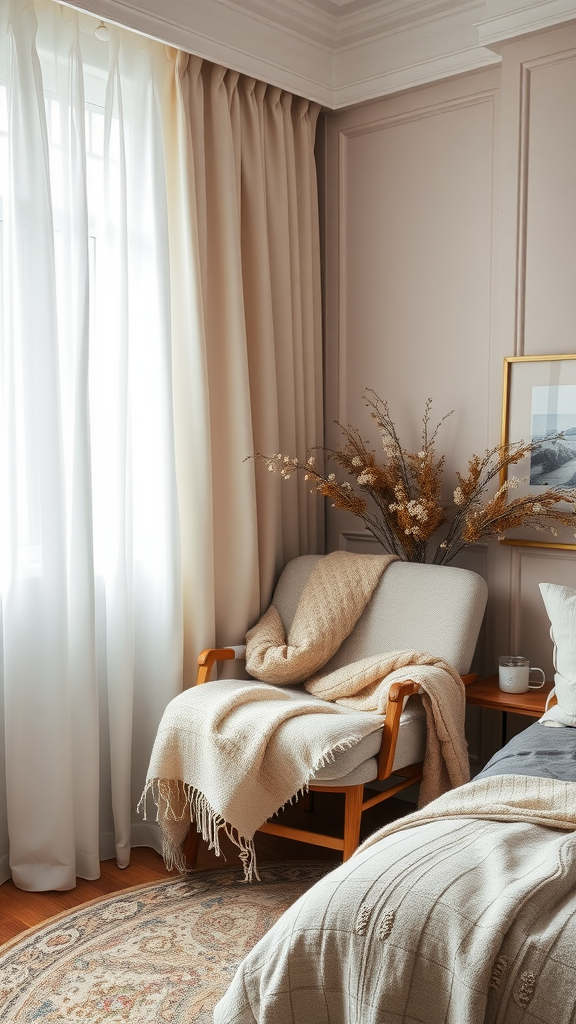 Cozy seating nook with a chair, blanket, side table, and dried flowers.