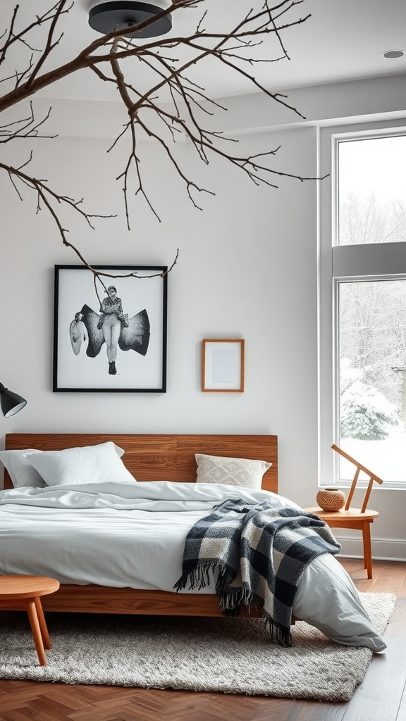 A cozy winter bedroom featuring framed artwork and a warm color palette.