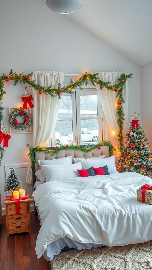 A cozy winter bedroom decorated with garlands, soft bedding, and a small Christmas tree.