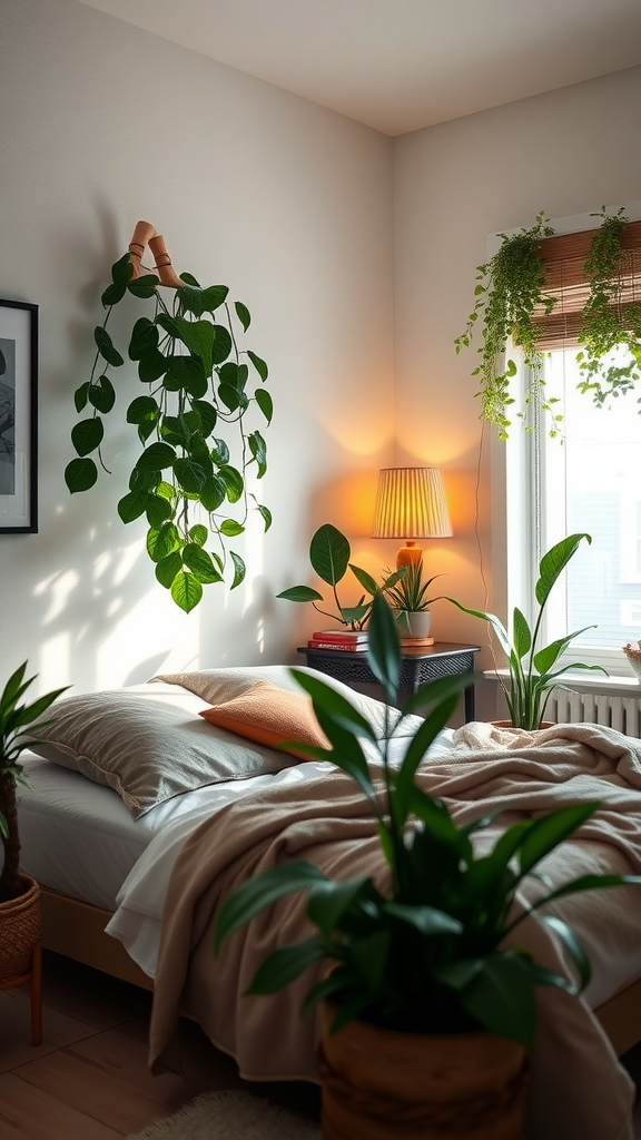 Cozy winter bedroom with indoor plants and soft lighting.