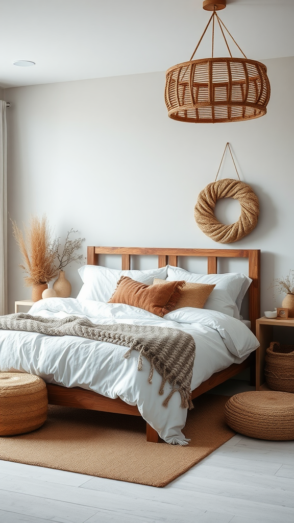 Cozy winter bedroom featuring natural fiber decor elements like woven baskets and a jute rug.