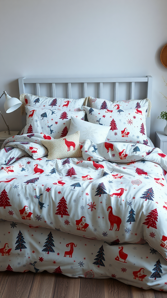 Cozy winter-themed bedding with festive prints including snowflakes and animals.