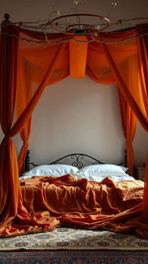 A cozy bedroom featuring an orange bed canopy draped elegantly over a bed with white pillows and crumpled blankets.