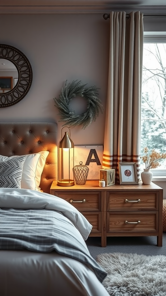 A cozy bedroom with a wooden nightstand, a lamp, and decorative items.