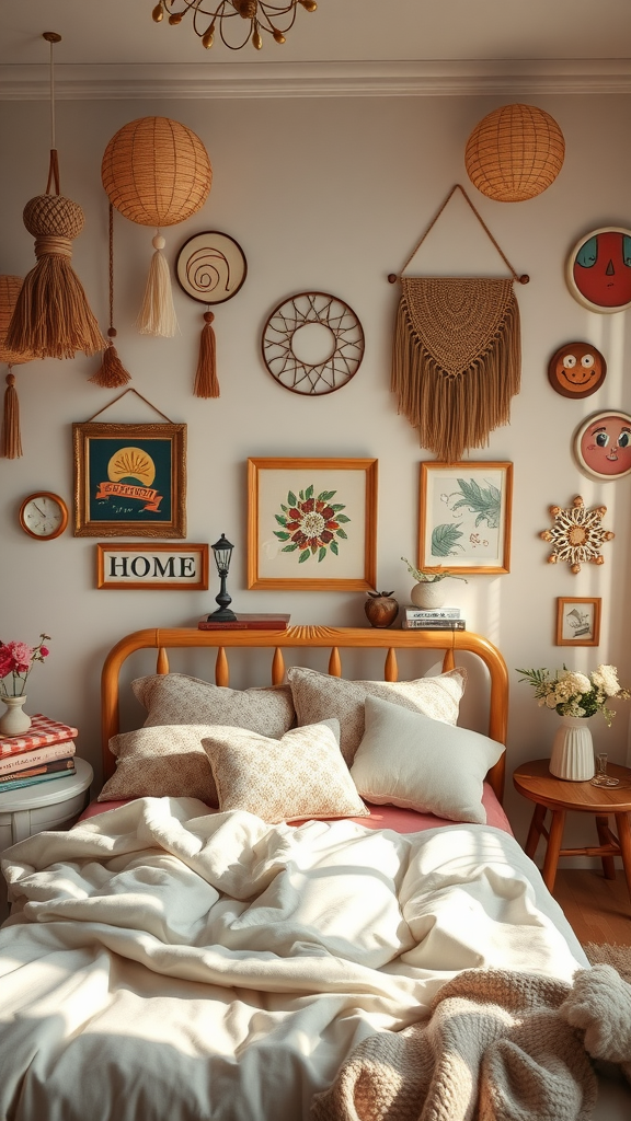Cozy bedroom featuring various whimsical wall hangings and a warm bed setup.