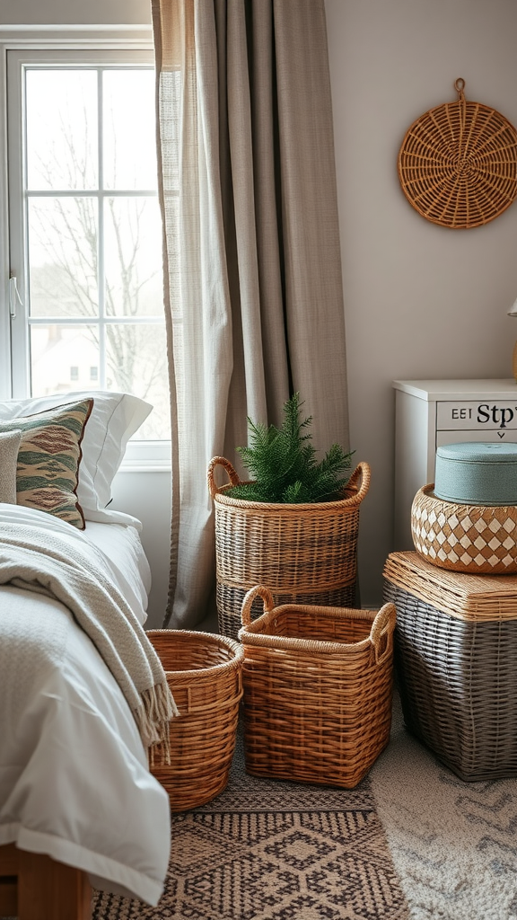 Cozy bedroom with woven baskets for storage