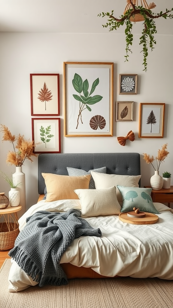 Cozy winter bedroom with nature-inspired wall art and warm bedding