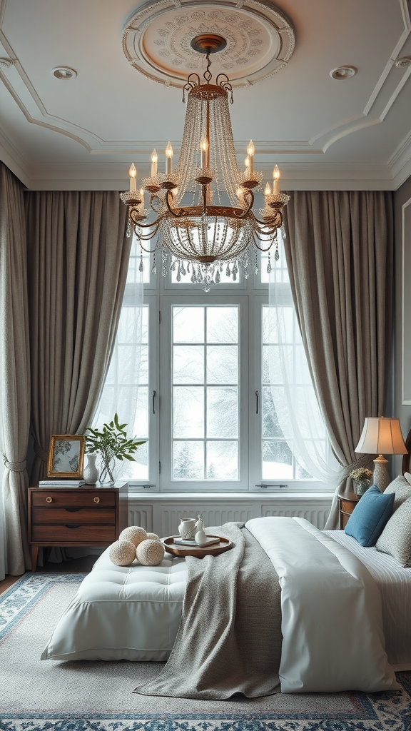A luxurious chandelier hanging in a cozy winter bedroom with soft curtains and a neatly made bed.