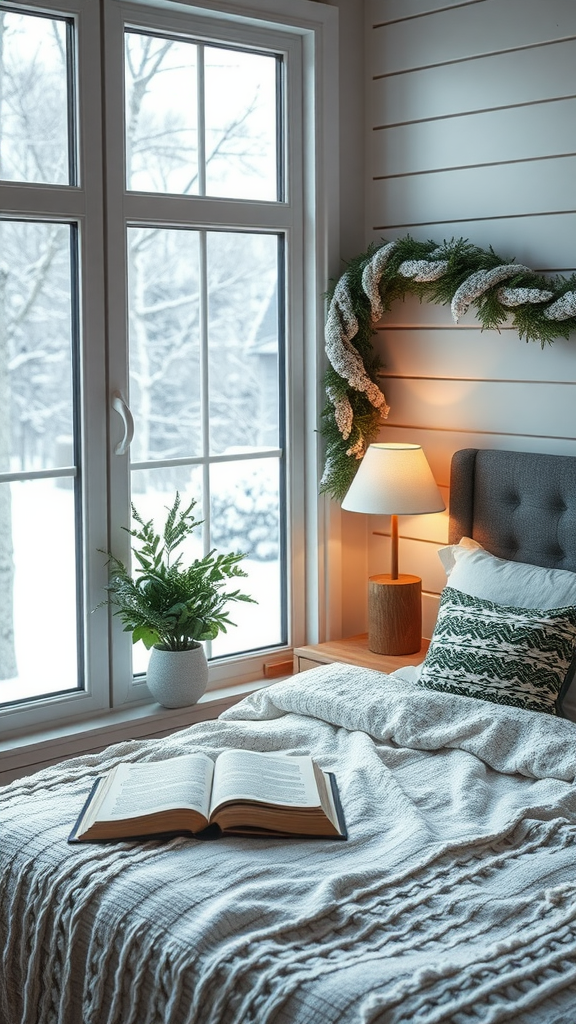 A cozy bedside reading corner with an open book on a bed, a warm lamp, and a window view of snow.