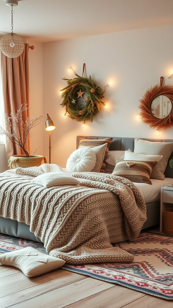 A cozy winter bedroom featuring a wooden bookshelf with blankets and books, complemented by woven baskets and a warm color palette.