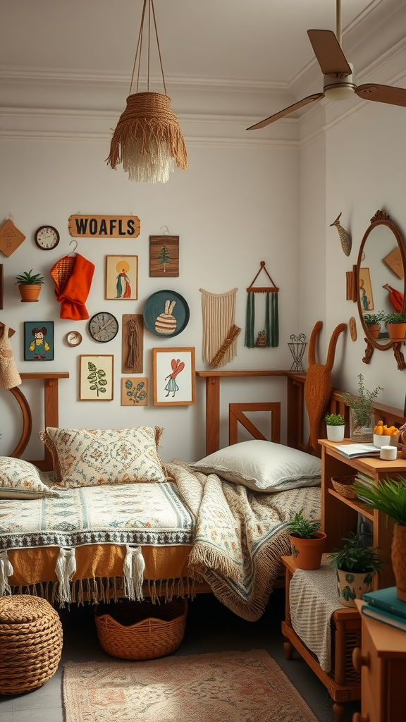 A cozy winter bedroom decorated with handmade crafts and knickknacks.