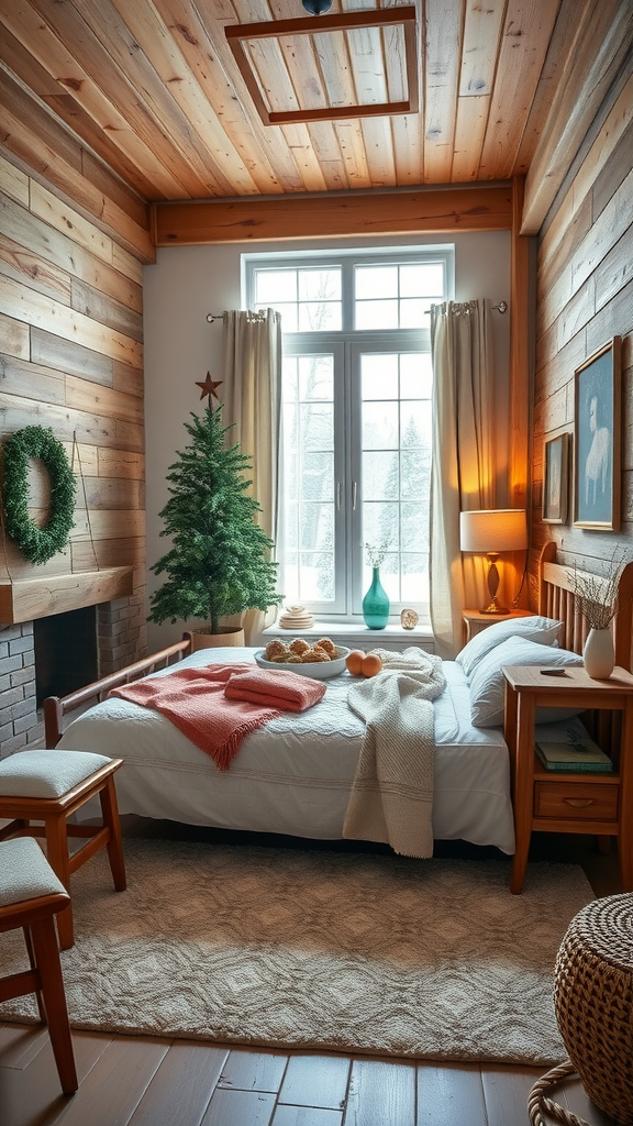 Cozy winter bedroom with rustic wood decor, featuring a tree, soft textiles, and a warm color palette.