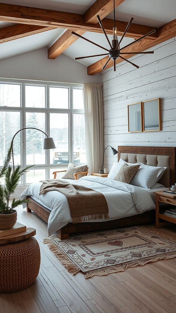 A cozy bedroom featuring rustic wooden beams, modern furniture, and warm textiles.