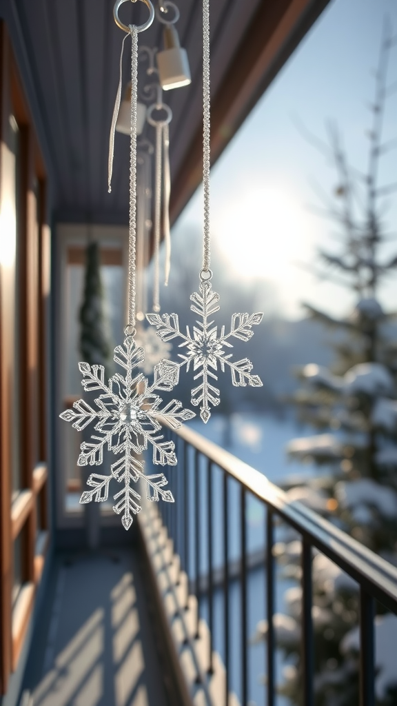 Beautifully crafted snowflake ornaments hanging with sunlight shining through.