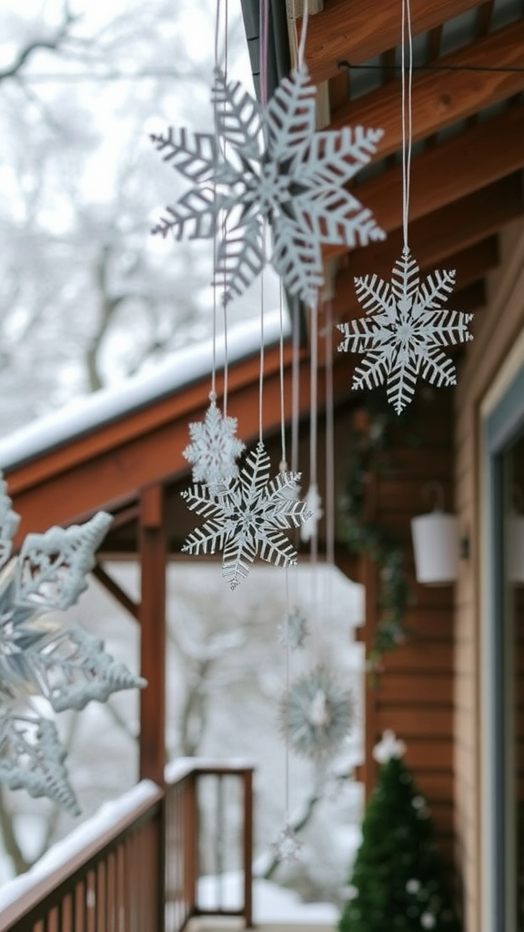 Hanging paper snowflakes in a snowy outdoor setting